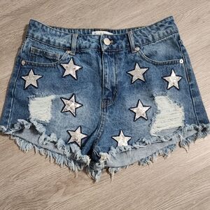 Peach Love Women's Star Patch Distressed Denim Shorts, Size M